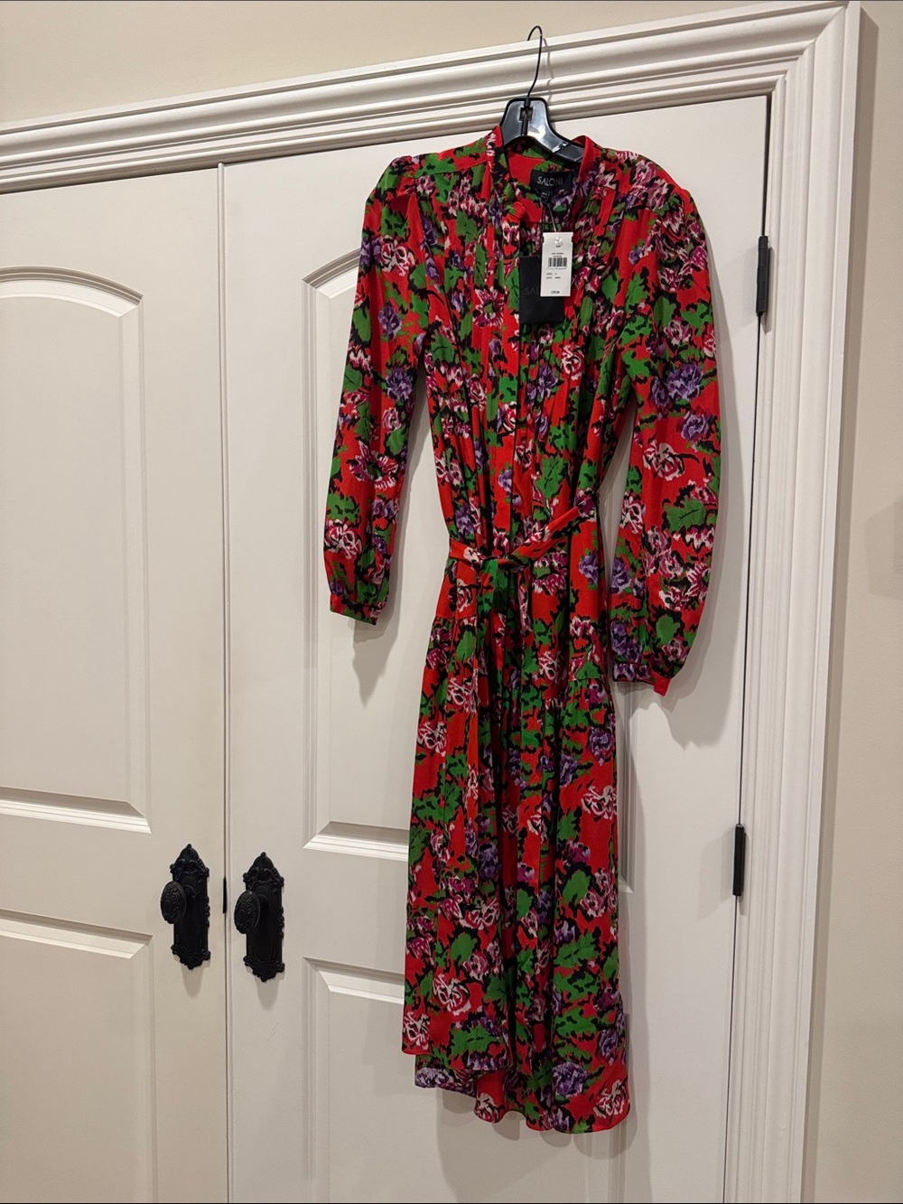 SALONI Red Floral Long-Sleeve Midi Dress with Belt